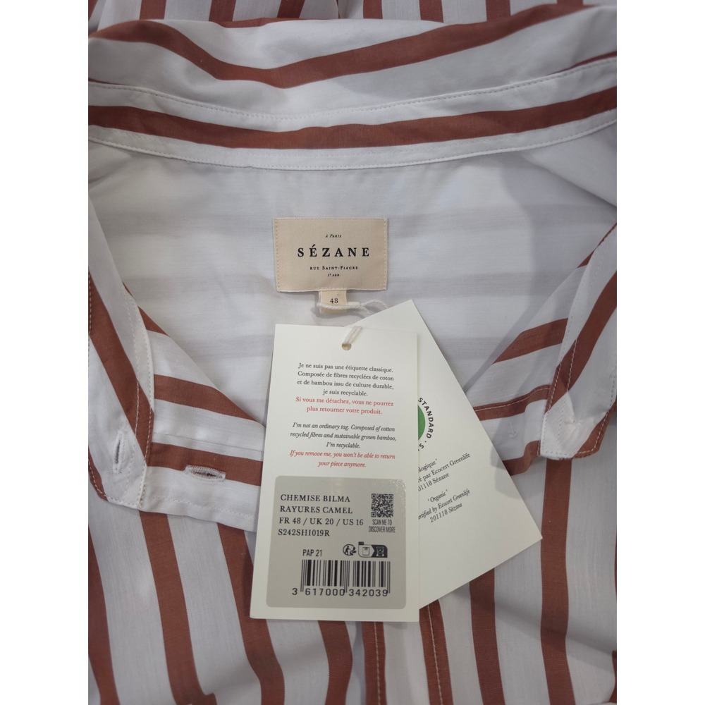 Sezane Bilma Shirt Womens 16 Organic Cotton Camel White Striped Button Down - Picture 5 of 11